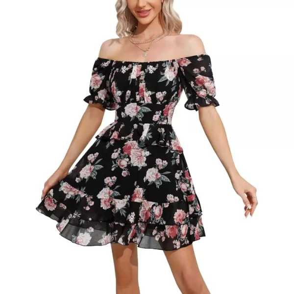 EXLURA Womens Summer Dress Floral Ruffle Tiered Square Neck Sundress Short Sleeve Off Shoulder Smocked Mini Dresses