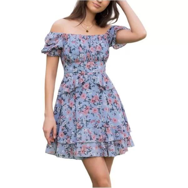 EXLURA Womens Summer Dress Floral Ruffle Tiered Square Neck Sundress Short Sleeve Off Shoulder Smocked Mini Dresses