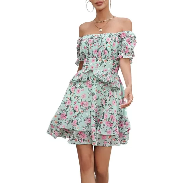EXLURA Womens Summer Dress Floral Ruffle Tiered Square Neck Sundress Short Sleeve Off Shoulder Smocked Mini Dresses