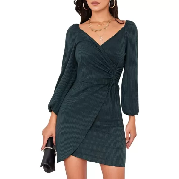EXLURA Women's Wrap Bodycon Mini Dress Drawstring V Neck Long Lantern Sleeve Ruched Knit Sexy Bandage Cocktail Party Dresses