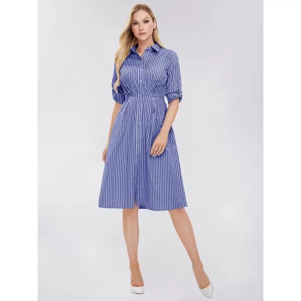 EXLURA Women's 2024 Casual Long Sleeve Button Down Shirt Dress with Pockets Striped Midi Dress Elastic Waist Work Outfit