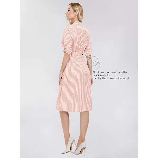 EXLURA Women's 2024 Casual Long Sleeve Button Down Shirt Dress with Pockets Striped Midi Dress Elastic Waist Work Outfit
