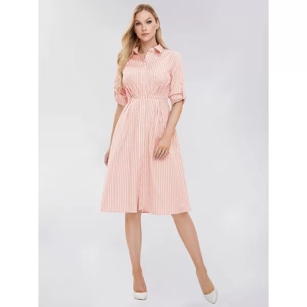 EXLURA Women's 2024 Casual Long Sleeve Button Down Shirt Dress with Pockets Striped Midi Dress Elastic Waist Work Outfit