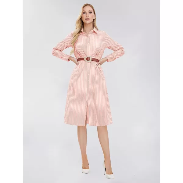 EXLURA Women's 2024 Casual Long Sleeve Button Down Shirt Dress with Pockets Striped Midi Dress Elastic Waist Work Outfit