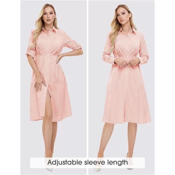 EXLURA Women's 2024 Casual Long Sleeve Button Down Shirt Dress with Pockets Striped Midi Dress Elastic Waist Work Outfit