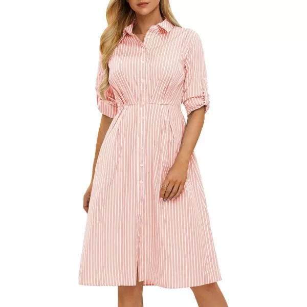 EXLURA Women's 2024 Casual Long Sleeve Button Down Shirt Dress with Pockets Striped Midi Dress Elastic Waist Work Outfit