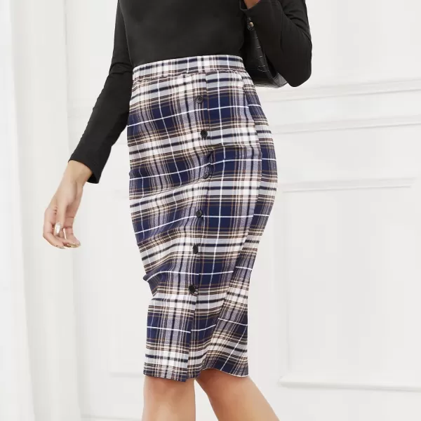 Byinns Women's 2024 High Waist Pencil Skirt Button Slit Work Skirts Plaid Business Bodycon Midi Skirt Knee Length