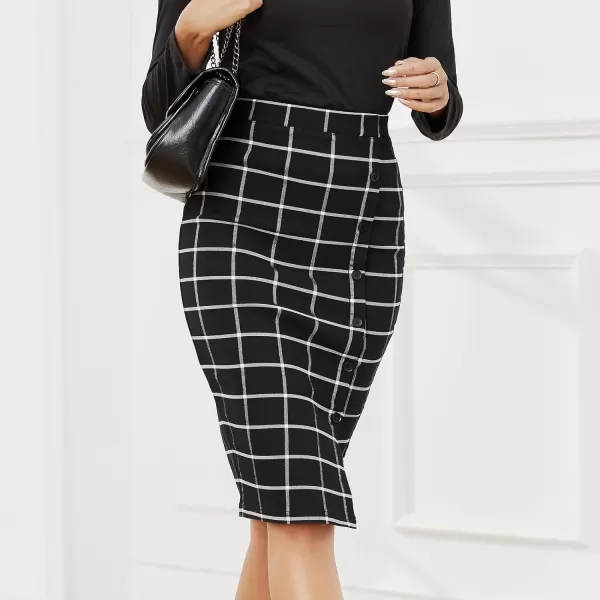 Byinns Women's 2024 High Waist Pencil Skirt Button Slit Work Skirts Plaid Business Bodycon Midi Skirt Knee Length