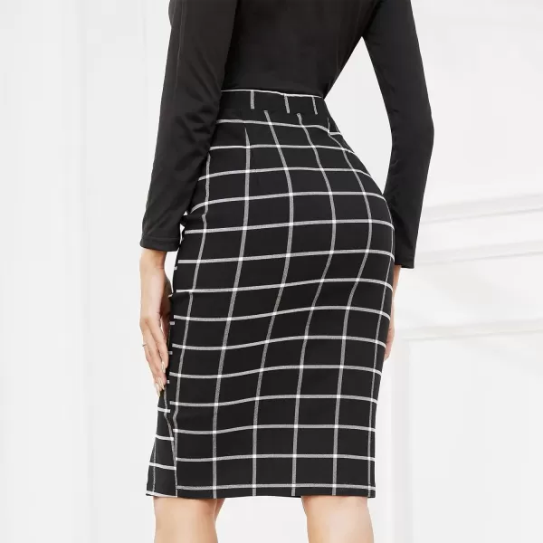 Byinns Women's 2024 High Waist Pencil Skirt Button Slit Work Skirts Plaid Business Bodycon Midi Skirt Knee Length