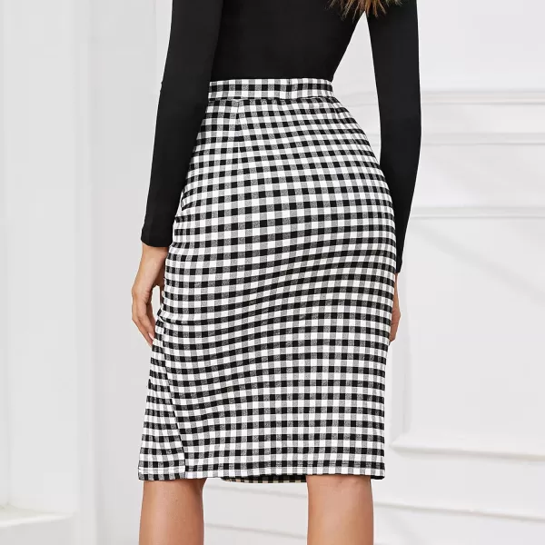 Byinns Women's 2024 High Waist Pencil Skirt Button Slit Work Skirts Plaid Business Bodycon Midi Skirt Knee Length