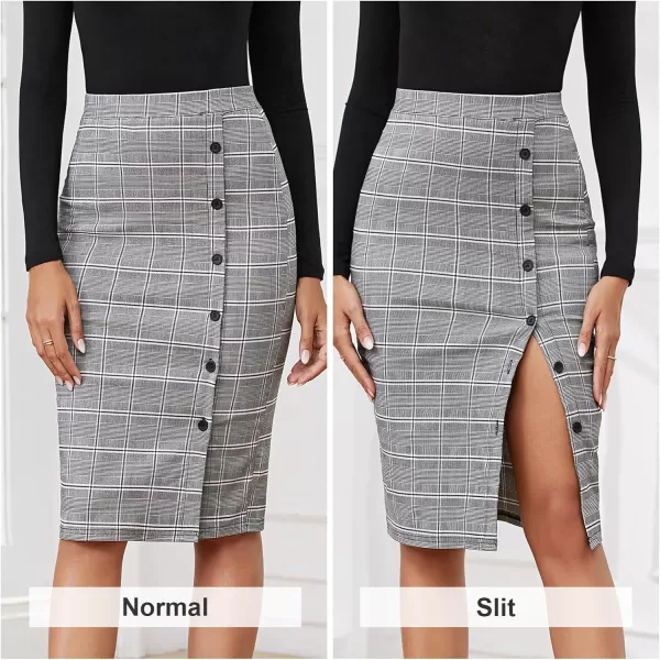 Byinns Women's 2024 High Waist Pencil Skirt Button Slit Work Skirts Plaid Business Bodycon Midi Skirt Knee Length
