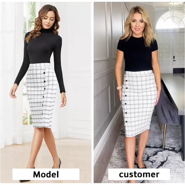 Byinns Women's 2024 High Waist Pencil Skirt Button Slit Work Skirts Plaid Business Bodycon Midi Skirt Knee Length