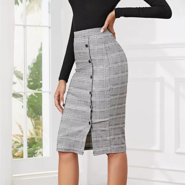 Byinns Women's 2024 High Waist Pencil Skirt Button Slit Work Skirts Plaid Business Bodycon Midi Skirt Knee Length