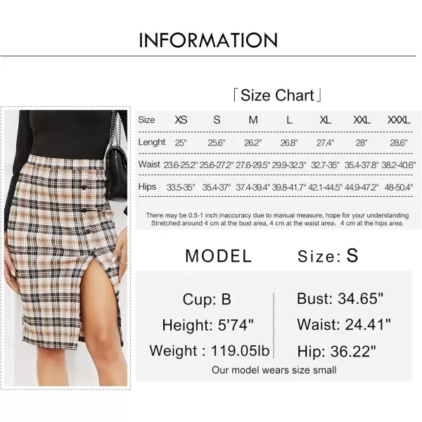 Byinns Women's 2024 High Waist Pencil Skirt Button Slit Work Skirts Plaid Business Bodycon Midi Skirt Knee Length