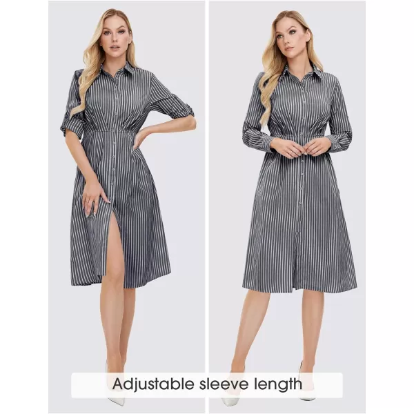 EXLURA Women's 2024 Casual Long Sleeve Button Down Shirt Dress with Pockets Striped Midi Dress Elastic Waist Work Outfit