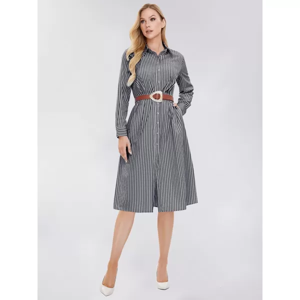 EXLURA Women's 2024 Casual Long Sleeve Button Down Shirt Dress with Pockets Striped Midi Dress Elastic Waist Work Outfit