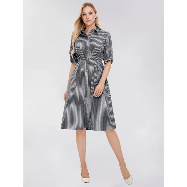 EXLURA Women's 2024 Casual Long Sleeve Button Down Shirt Dress with Pockets Striped Midi Dress Elastic Waist Work Outfit