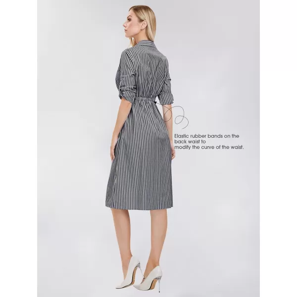 EXLURA Women's 2024 Casual Long Sleeve Button Down Shirt Dress with Pockets Striped Midi Dress Elastic Waist Work Outfit