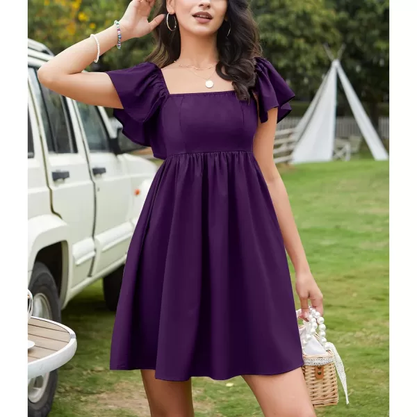 EXLURA Womens 2024 Casual Short Sleeve Square Neck Cap Sleeve Dress High Waist A-Line Summer Smocked Back Mini Dresses