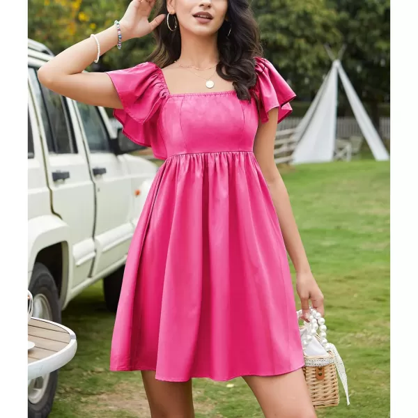 EXLURA Womens 2024 Casual Short Sleeve Square Neck Cap Sleeve Dress High Waist A-Line Summer Smocked Back Mini Dresses
