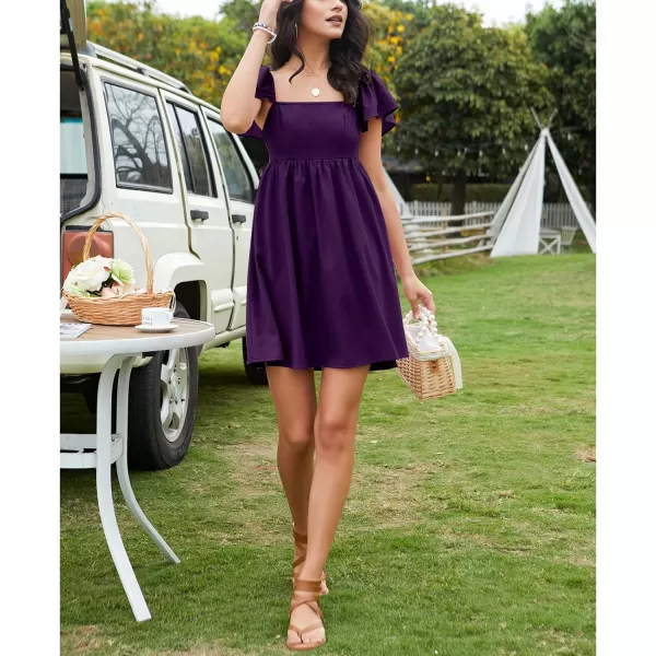 EXLURA Womens 2024 Casual Short Sleeve Square Neck Cap Sleeve Dress High Waist A-Line Summer Smocked Back Mini Dresses