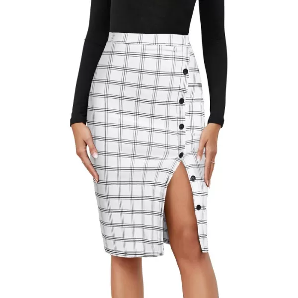 Byinns Women's 2024 High Waist Pencil Skirt Button Slit Work Skirts Plaid Business Bodycon Midi Skirt Knee Length