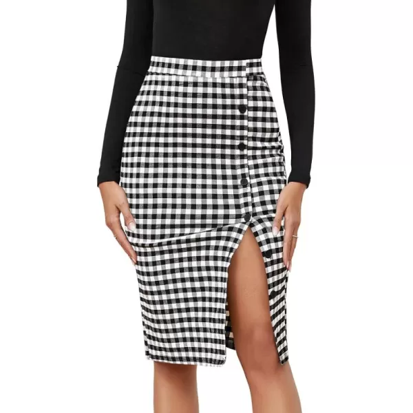 Byinns Women's 2024 High Waist Pencil Skirt Button Slit Work Skirts Plaid Business Bodycon Midi Skirt Knee Length
