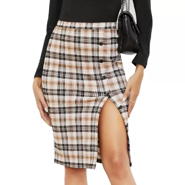 Byinns Women's 2024 High Waist Pencil Skirt Button Slit Work Skirts Plaid Business Bodycon Midi Skirt Knee Length