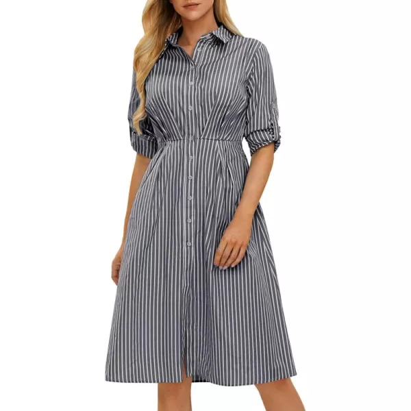 EXLURA Women's 2024 Casual Long Sleeve Button Down Shirt Dress with Pockets Striped Midi Dress Elastic Waist Work Outfit