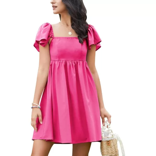 EXLURA Womens 2024 Casual Short Sleeve Square Neck Cap Sleeve Dress High Waist A-Line Summer Smocked Back Mini Dresses