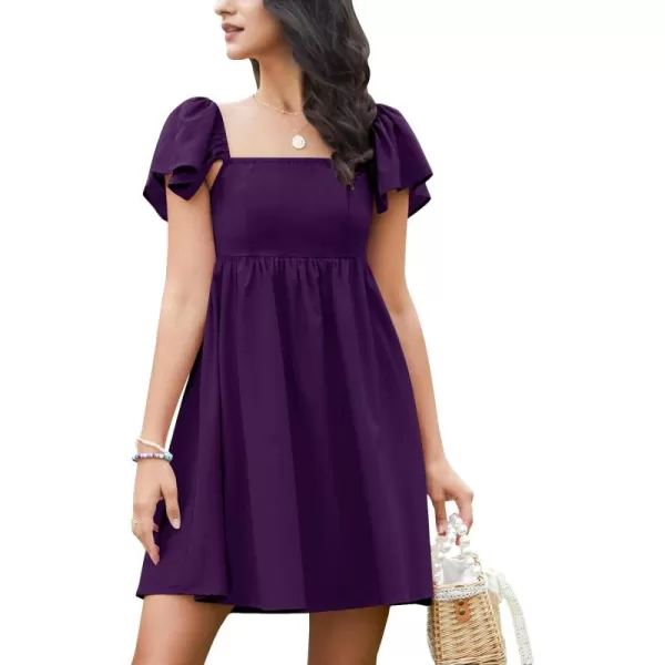 EXLURA Womens 2024 Casual Short Sleeve Square Neck Cap Sleeve Dress High Waist A-Line Summer Smocked Back Mini Dresses