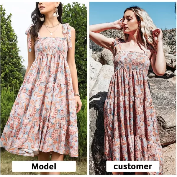 EXLURA Womens Smocked Floral Beach Boho Summer Sundress Square Neck Tie Shoulder Sleeveless Strappy Cocktail Maxi Dresses