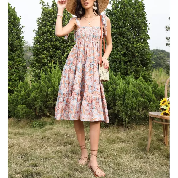 EXLURA Womens Smocked Floral Beach Boho Summer Sundress Square Neck Tie Shoulder Sleeveless Strappy Cocktail Maxi Dresses