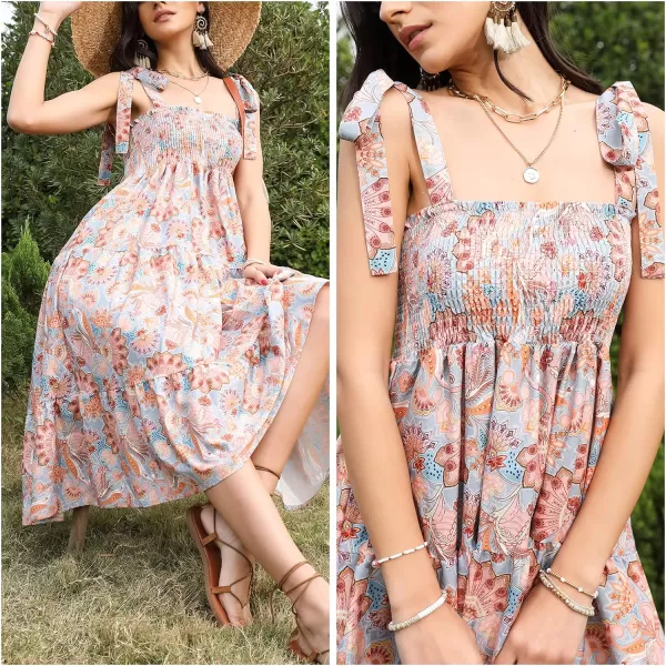 EXLURA Womens Smocked Floral Beach Boho Summer Sundress Square Neck Tie Shoulder Sleeveless Strappy Cocktail Maxi Dresses