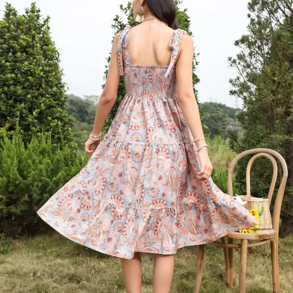 EXLURA Womens Smocked Floral Beach Boho Summer Sundress Square Neck Tie Shoulder Sleeveless Strappy Cocktail Maxi Dresses