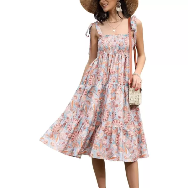 EXLURA Womens Smocked Floral Beach Boho Summer Sundress Square Neck Tie Shoulder Sleeveless Strappy Cocktail Maxi Dresses