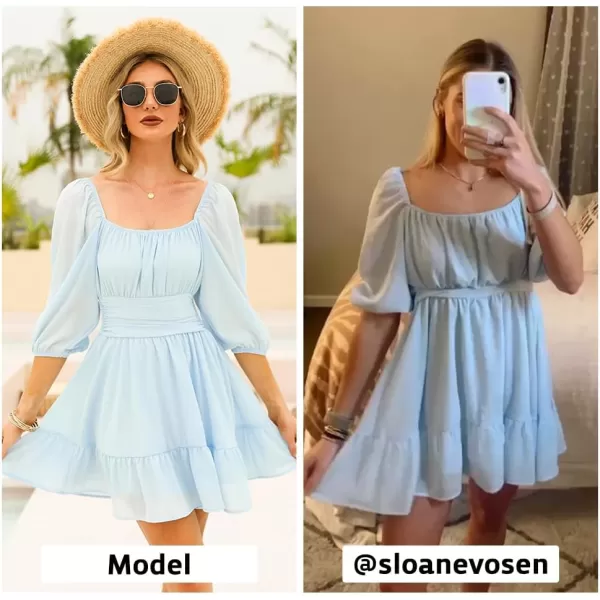 EXLURA Women's 2024 Casual Long Lantern Sleeve Dresses Square Neck Ruffle Tie Back Elastic Waist Aline Short Mini Dress