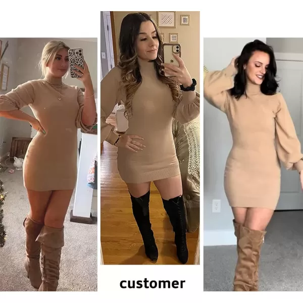 imageEXLURA Womens 2024 Mock Neck Ribbed Long Sleeve Bodycon Pullover Cute Mini Sweater DressApricot