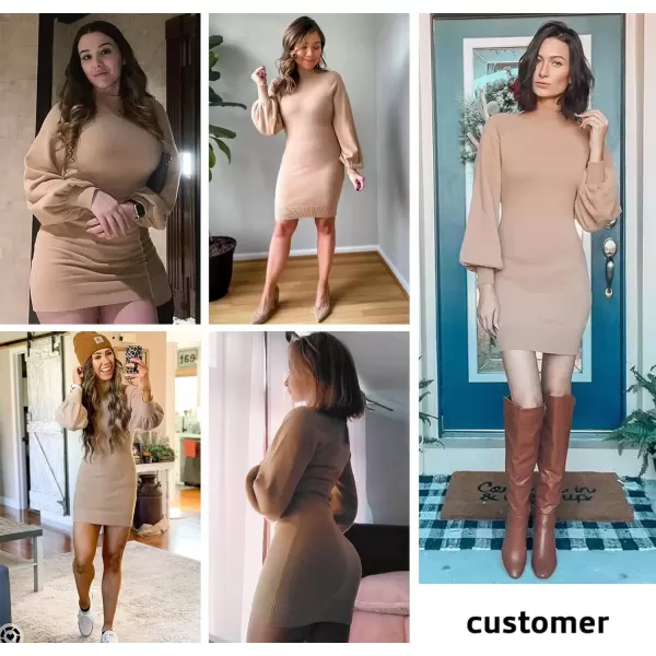 imageEXLURA Womens 2024 Mock Neck Ribbed Long Sleeve Bodycon Pullover Cute Mini Sweater DressApricot