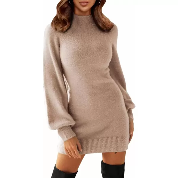 imageEXLURA Womens 2024 Mock Neck Ribbed Long Sleeve Bodycon Pullover Cute Mini Sweater DressApricot
