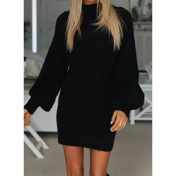 imageEXLURA Womens 2024 Mock Neck Ribbed Long Sleeve Bodycon Pullover Cute Mini Sweater DressBlack
