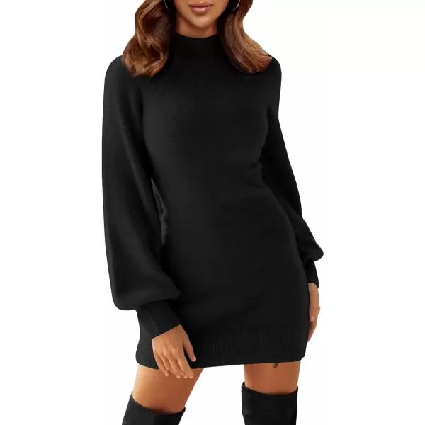 imageEXLURA Womens 2024 Mock Neck Ribbed Long Sleeve Bodycon Pullover Cute Mini Sweater DressBlack