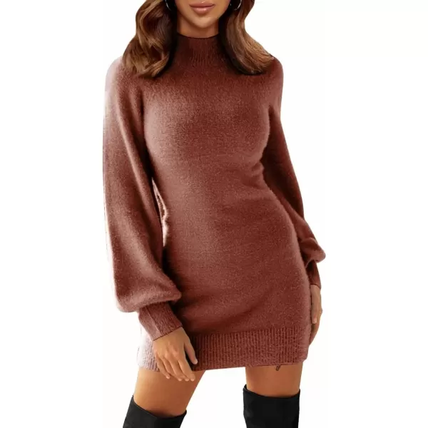 imageEXLURA Womens 2024 Mock Neck Ribbed Long Sleeve Bodycon Pullover Cute Mini Sweater DressCaramel