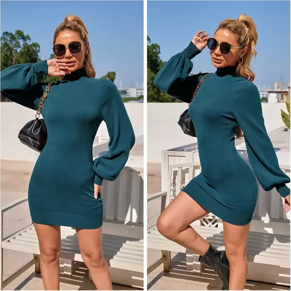 imageEXLURA Womens 2024 Mock Neck Ribbed Long Sleeve Bodycon Pullover Cute Mini Sweater DressDark Blue