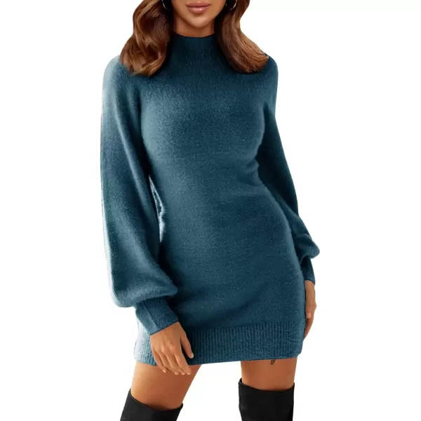 imageEXLURA Womens 2024 Mock Neck Ribbed Long Sleeve Bodycon Pullover Cute Mini Sweater DressDark Blue