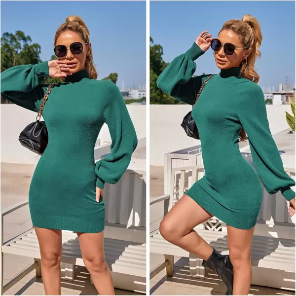imageEXLURA Womens 2024 Mock Neck Ribbed Long Sleeve Bodycon Pullover Cute Mini Sweater DressDark Green