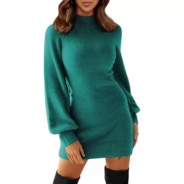 imageEXLURA Womens 2024 Mock Neck Ribbed Long Sleeve Bodycon Pullover Cute Mini Sweater DressDark Green