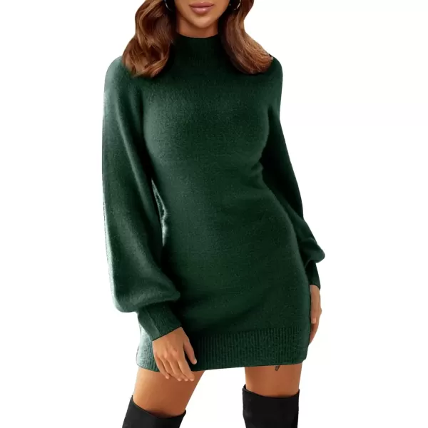 imageEXLURA Womens 2024 Mock Neck Ribbed Long Sleeve Bodycon Pullover Cute Mini Sweater DressDark Olive Green