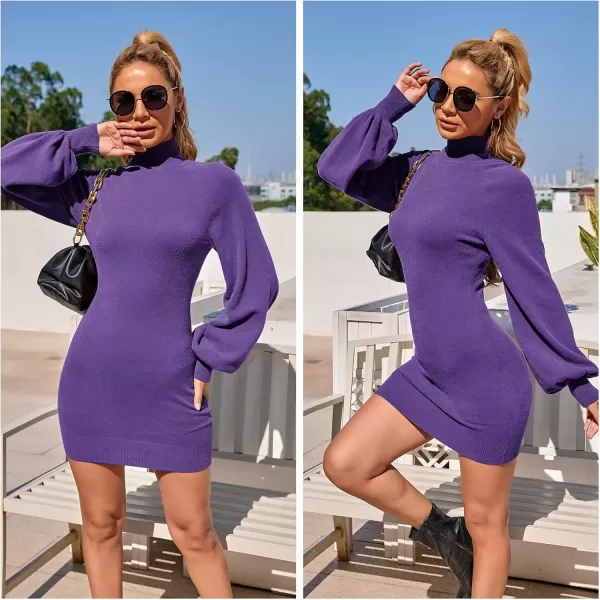 imageEXLURA Womens 2024 Mock Neck Ribbed Long Sleeve Bodycon Pullover Cute Mini Sweater DressDark Purple