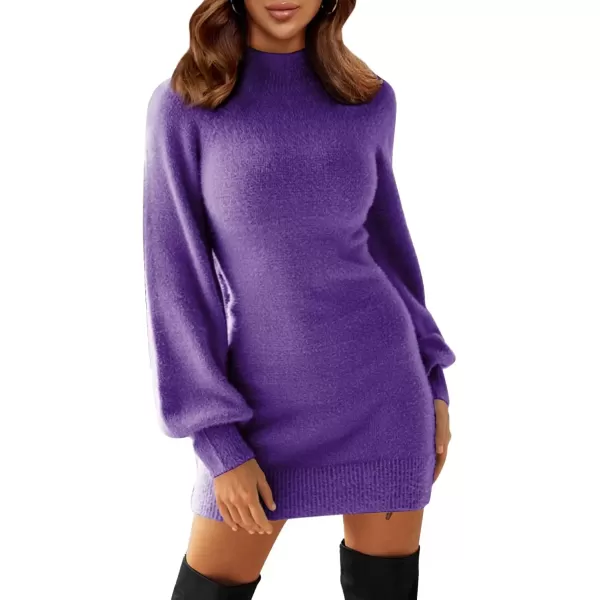 imageEXLURA Womens 2024 Mock Neck Ribbed Long Sleeve Bodycon Pullover Cute Mini Sweater DressDark Purple
